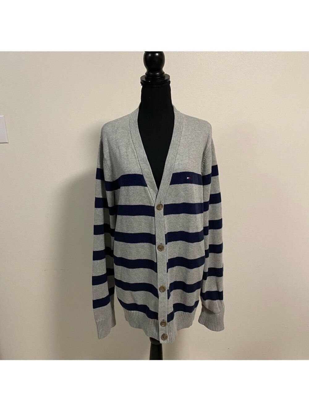 Tommy Hilfiger Cardigan Women’s Size XL Gray Navy Stripes Button up Cardigan